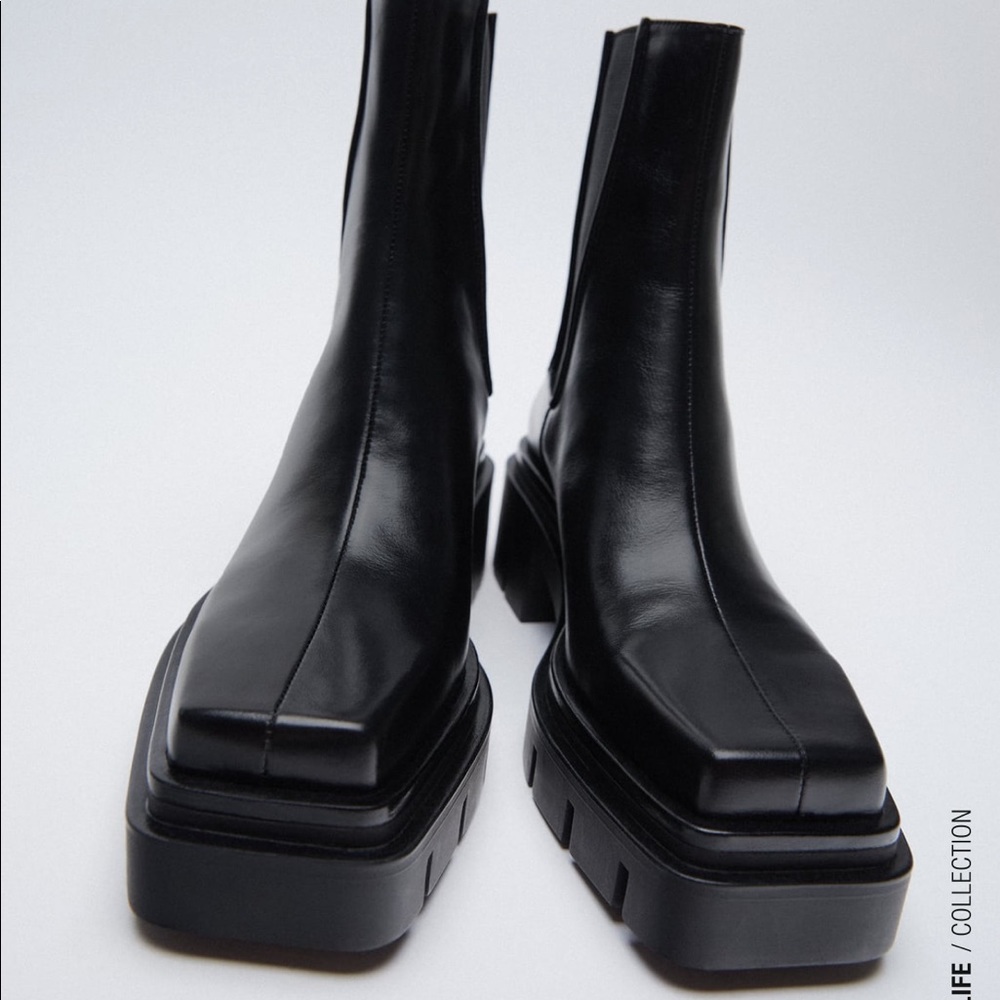 Zara Low Heel Treaded Leather Square Toe Boots
